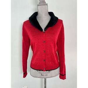 Vintage Y2k United Apparel Petite Red Cardigan with Black Faux Fur Collar sz MP